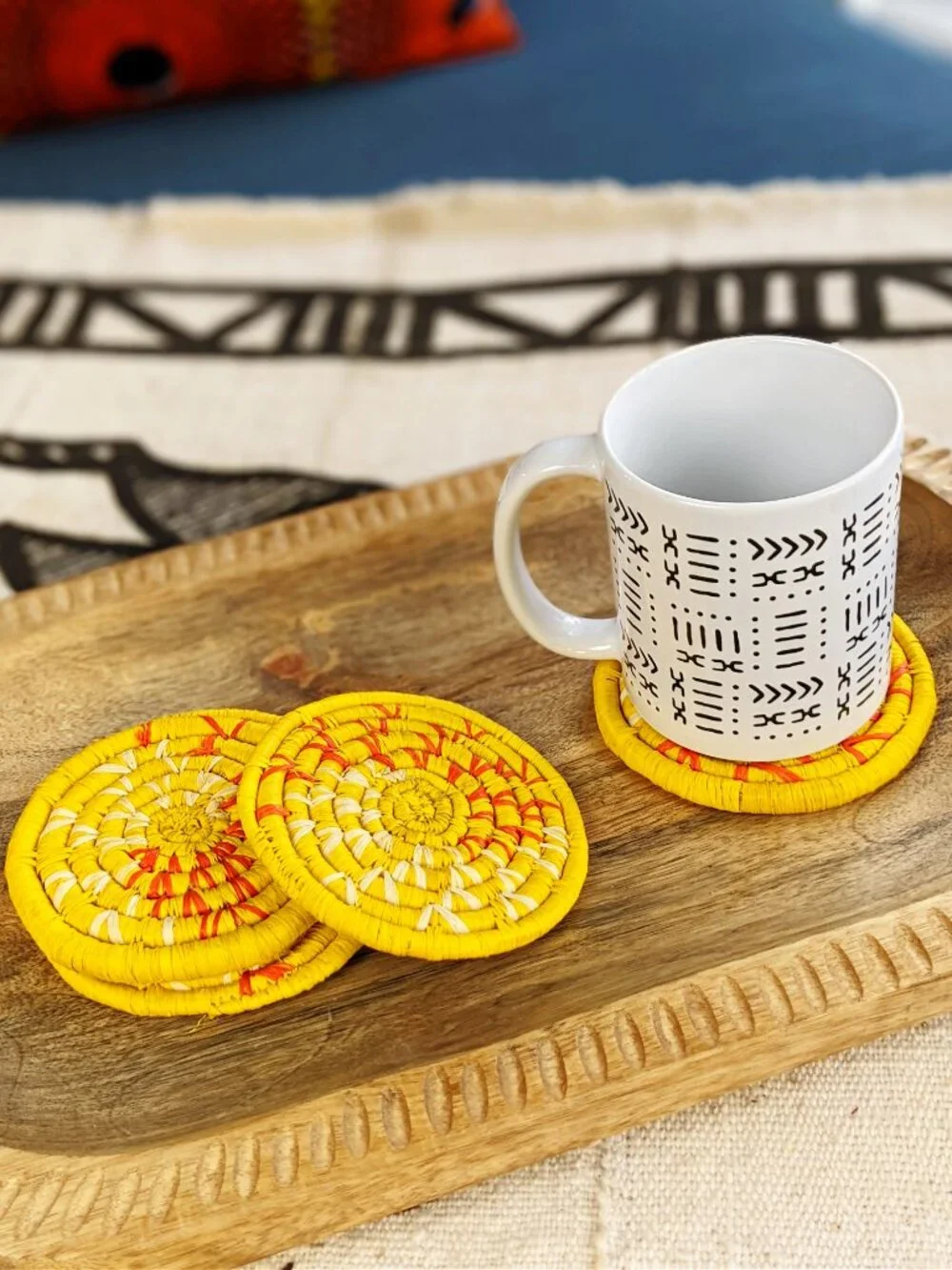 Yellow Woven Raffia Grass Drink Coasters Set of 4 | Bohemian African Decor